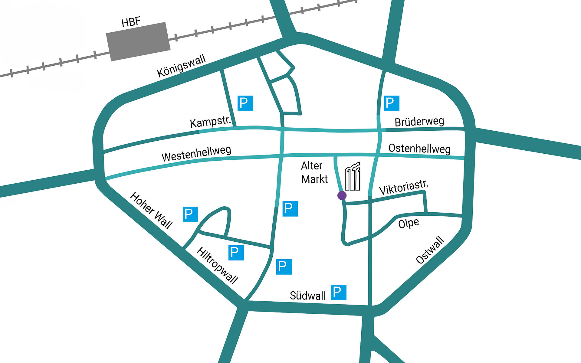 Stadtplan Innenstadt Dortmund mit Lage des Westf. Industrieklubs und den Parkhäusern